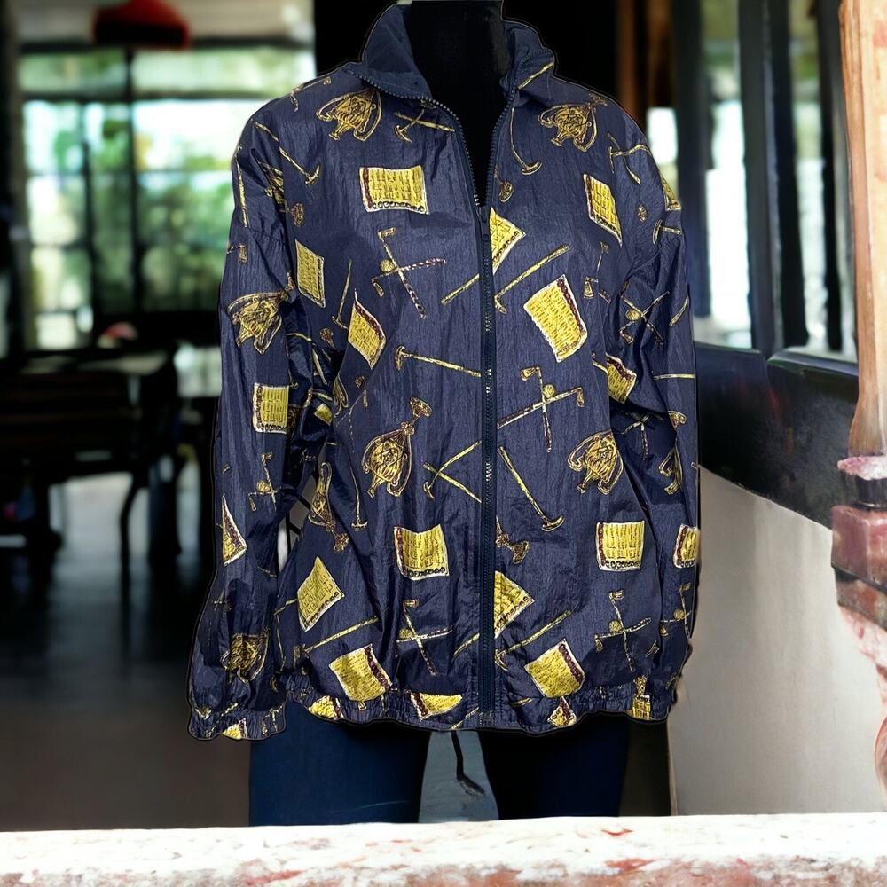 Vintage Slade Windbreaker Bomber Jacket Unisex M Blue Golf Novelty Print 90s Zip